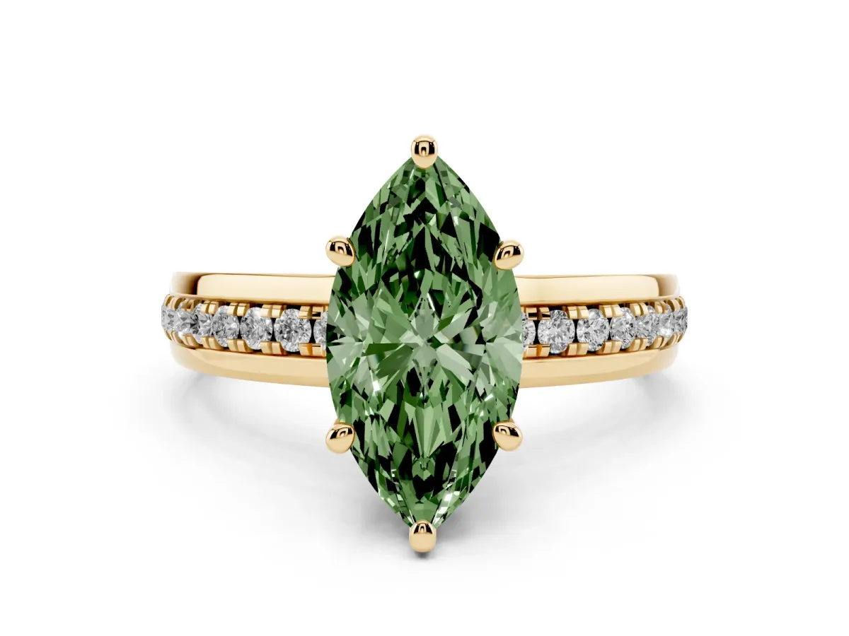 Fancy Green Marquise Cut Diamond Solitaire Ring Set in Yellow gold with Channel Set Band and Prong Setting