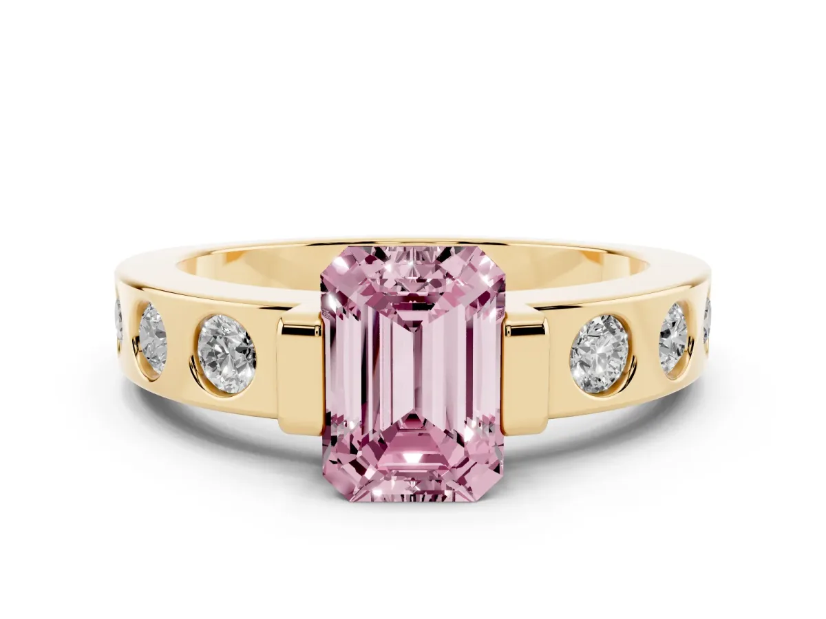 Fancy Pink Emerald Cut Diamond Channel-Set Band Ring Set in Yellow gold with Bezel Prong Setting