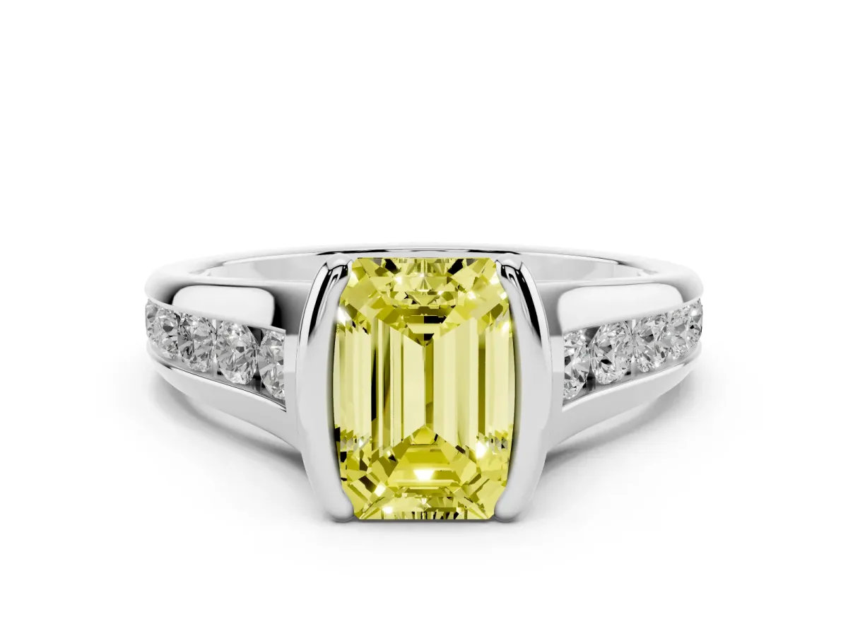 Fancy Yellow Emerald Cut Diamond Bezel-Set Solitaire Ring Set in Silver with Channel-Set Band