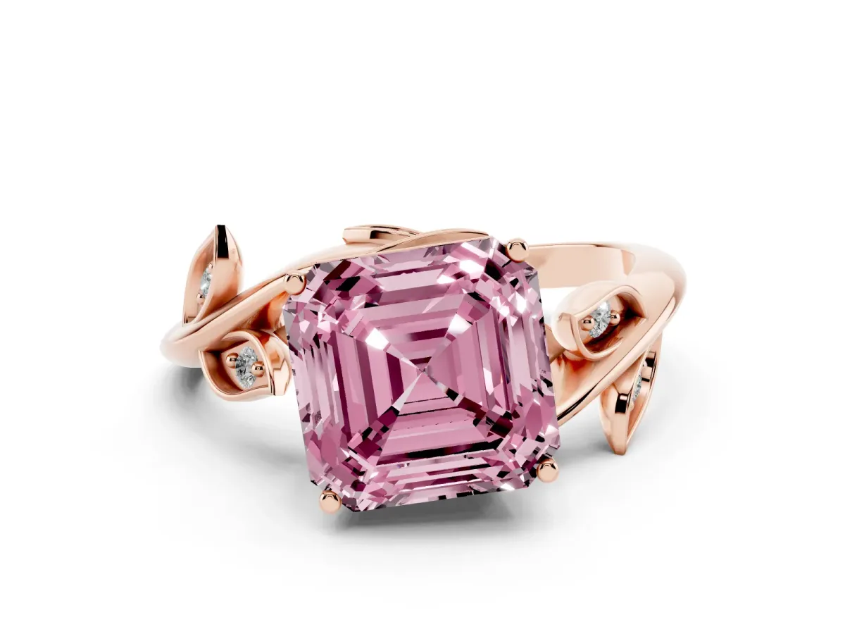 Fancy Pink Asscher Cut Diamond Solitaire Twist Engagement Ring Set in Rose gold with Pavé Leaf Accents