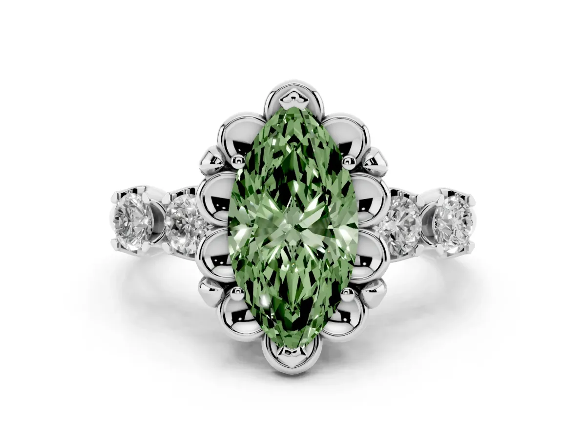 Fancy Green Marquise Cut Diamond Floral Halo Ring Set in White gold with Shared Prong Band