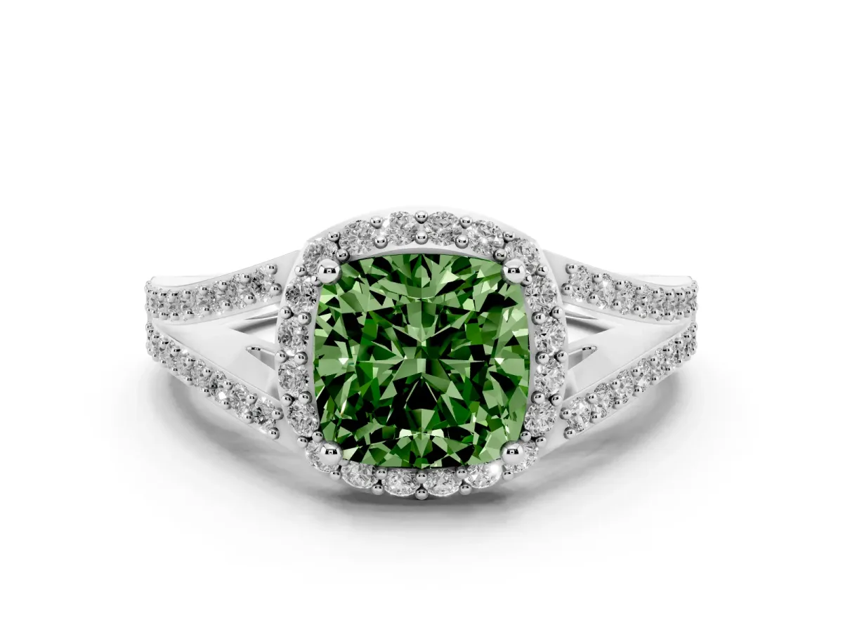 Fancy Green Cushion Cut Diamond Halo Split Shank Pavé Ring Set in White gold with Prong Setting