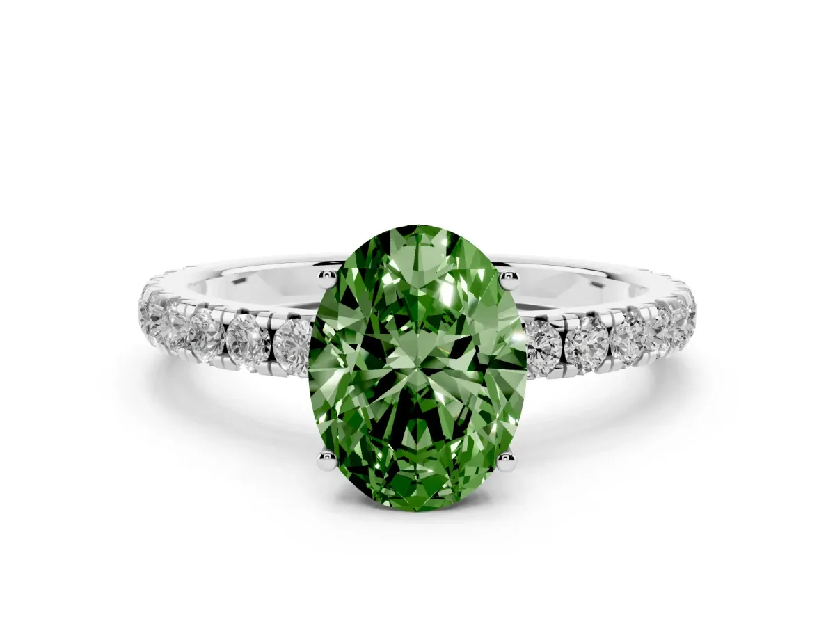 Fancy Green Oval Cut Diamond Pavé Solitaire Engagement Ring Set in Platinum with Prong Setting