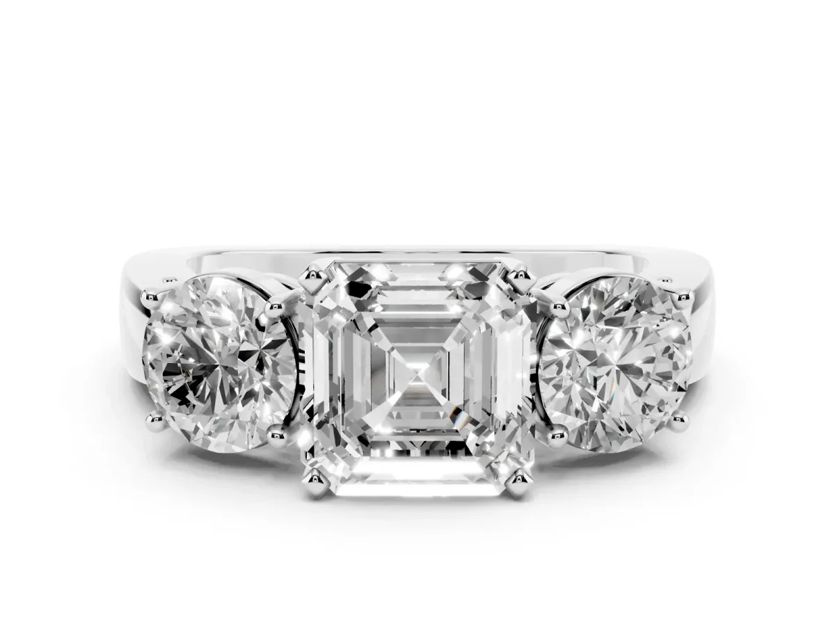 Asscher Cut Diamond Three-Stone Ring Set in Platinum with Round Side Stones and Classic Band