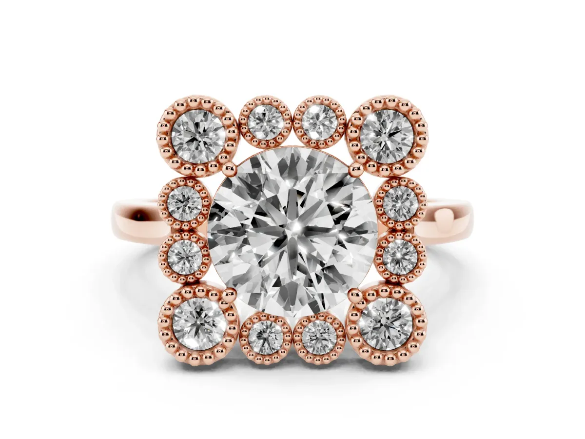 Round Cut Diamond Cluster Halo Ring Set in Rose gold with Milgrain Bezel Accents and Plain Band