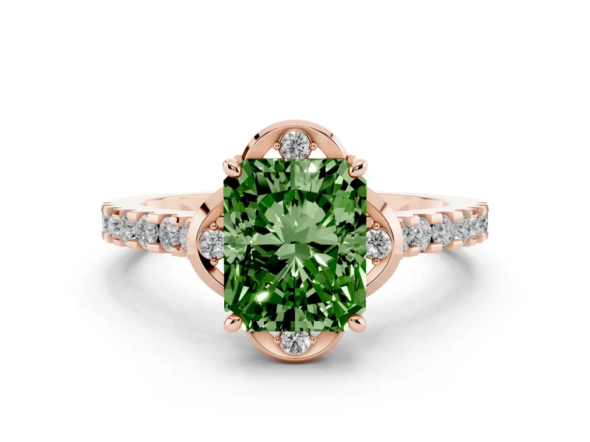 Fancy Green Radiant Cut Diamond Solitaire Ring Set in Rose gold with Pavé Band and Floral Prong Setting