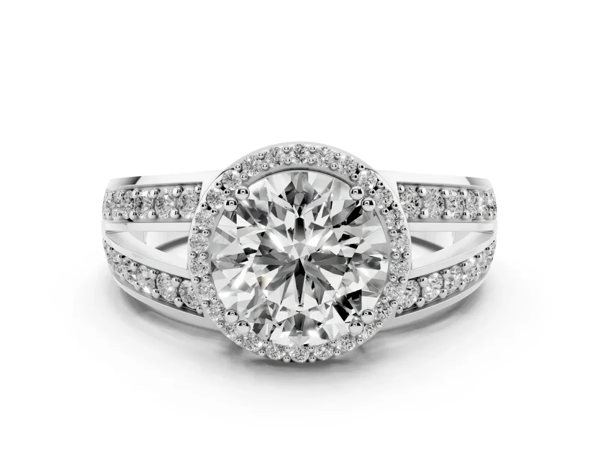 Round Cut Diamond Halo Ring Set in Silver with Double Pavé Split Shank