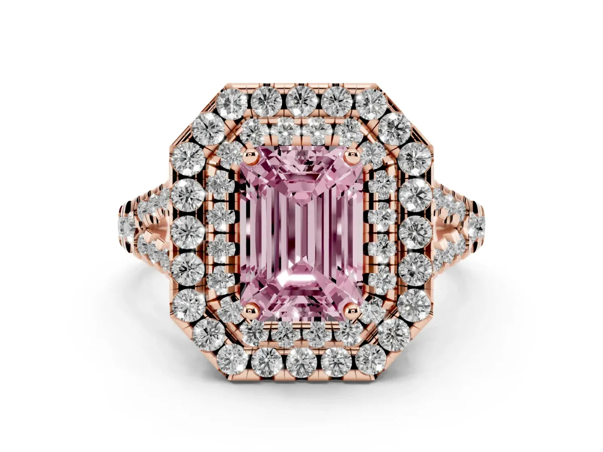 Fancy Pink Emerald Cut Diamond Double Halo Ring Set in Rose gold with Pavé Split Shank and Prong Setting