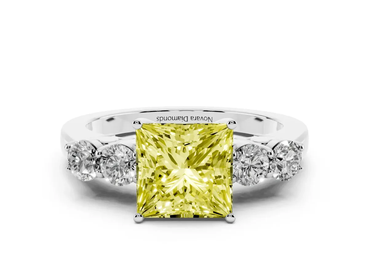 Fancy Yellow Princess Cut Diamond Five-Stone Prong Set Band Ring Set in Silver with Polished Band