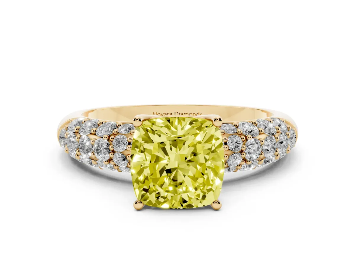 Fancy Yellow Cushion Cut Diamond Pavé Band Solitaire Ring Set in Yellow gold with Close-Set Accent Stones and Prong Setting