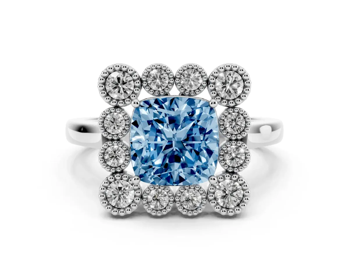 Fancy Blue Cushion Cut Diamond Cluster Halo Ring Set in White gold with Milgrain Bezel Accents and Plain Band