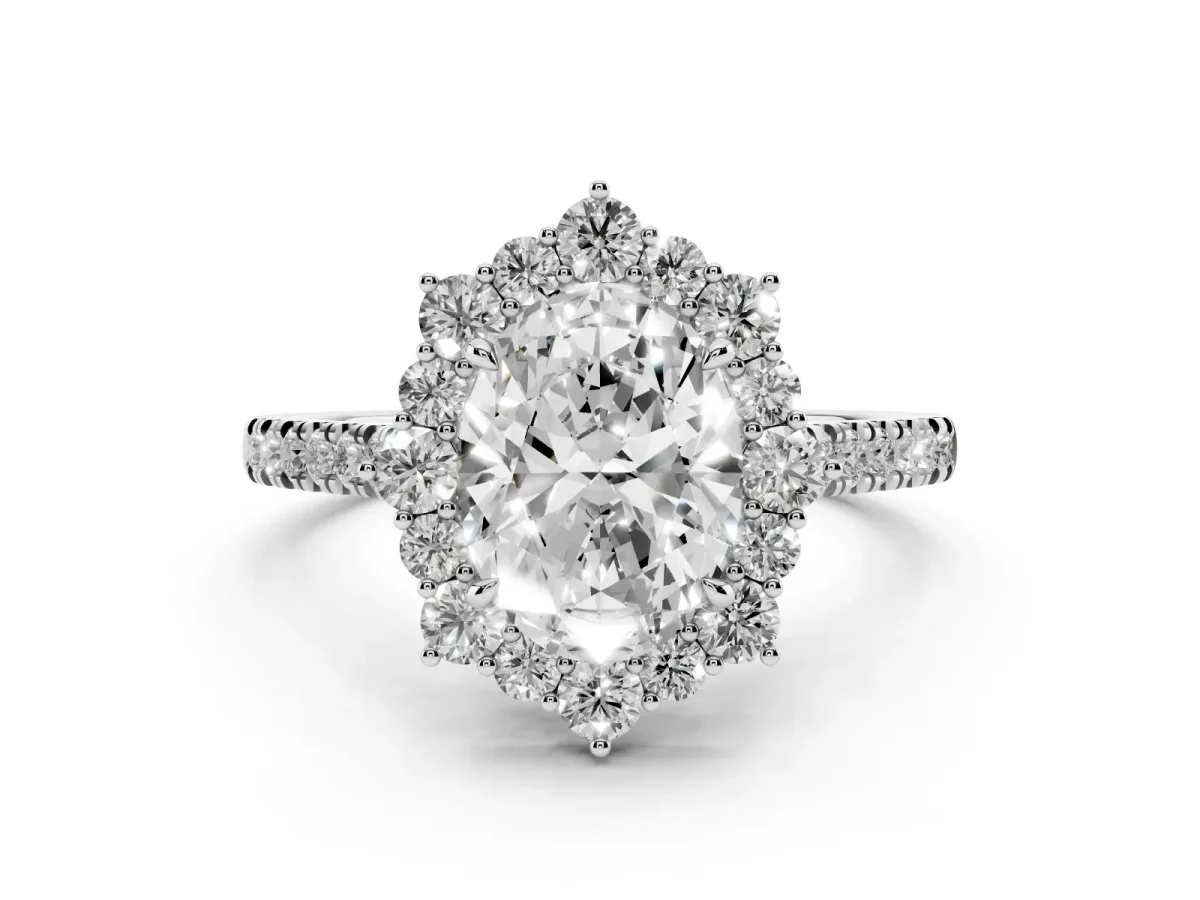 Oval Cut Diamond Halo Ring Set in Platinum with Pavé Band and Prong Setting