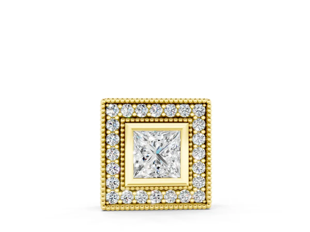 Princess Cut Square Halo Pendant Set in Yellow gold with Bezel Setting and Side Detail