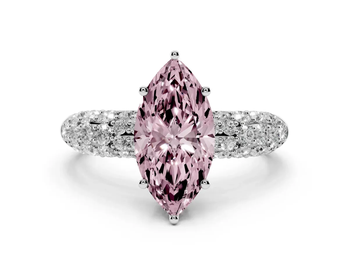 Fancy Pink Marquise Cut Diamond Pavé Band Solitaire Ring Set in White gold with Close-Set Accent Stones and Prong Setting