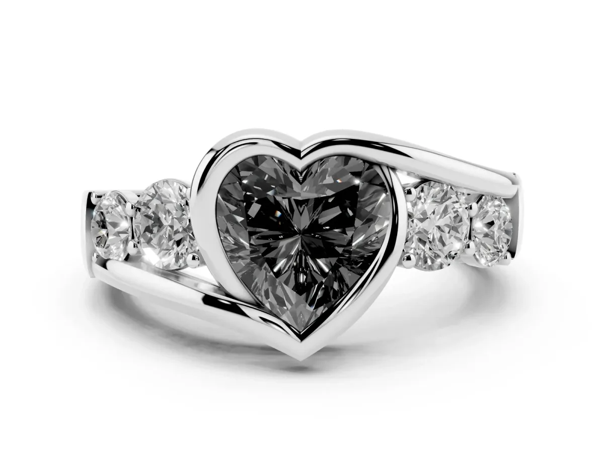 Fancy Black Heart Cut Diamond Bezel Bypass Ring Set in Platinum with Round Accents