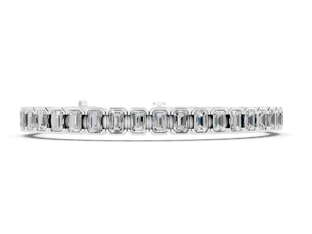 Emerald Cut Diamond Tennis Bracelet Set in White gold with Half Bezel Setting