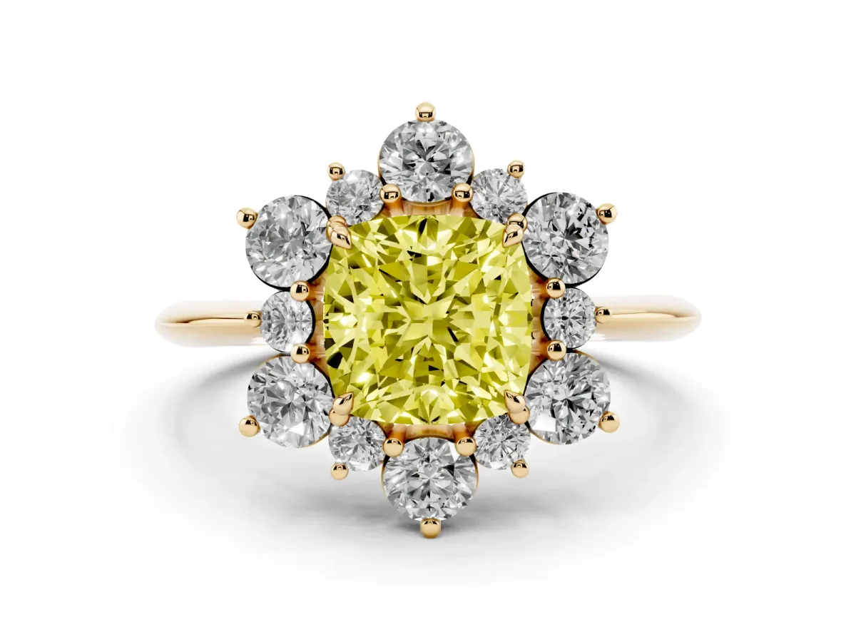 Fancy Yellow Cushion Cut Diamond Cluster Halo Ring Set in Yellow gold with Solitaire Band and Prong Setting
