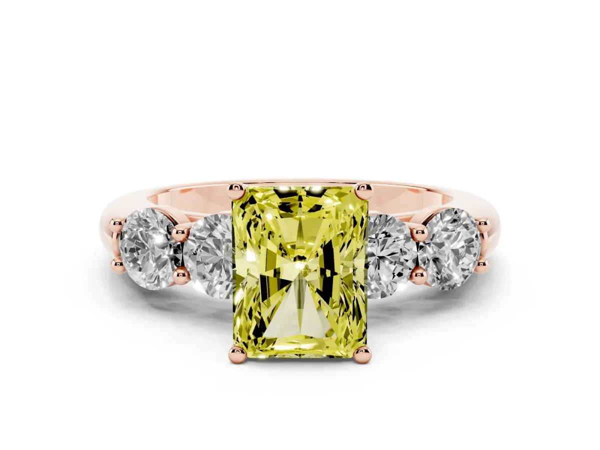 Fancy Yellow Radiant Cut Diamond Five-Stone Prong Set Ring Set in Rose gold with Classic Band