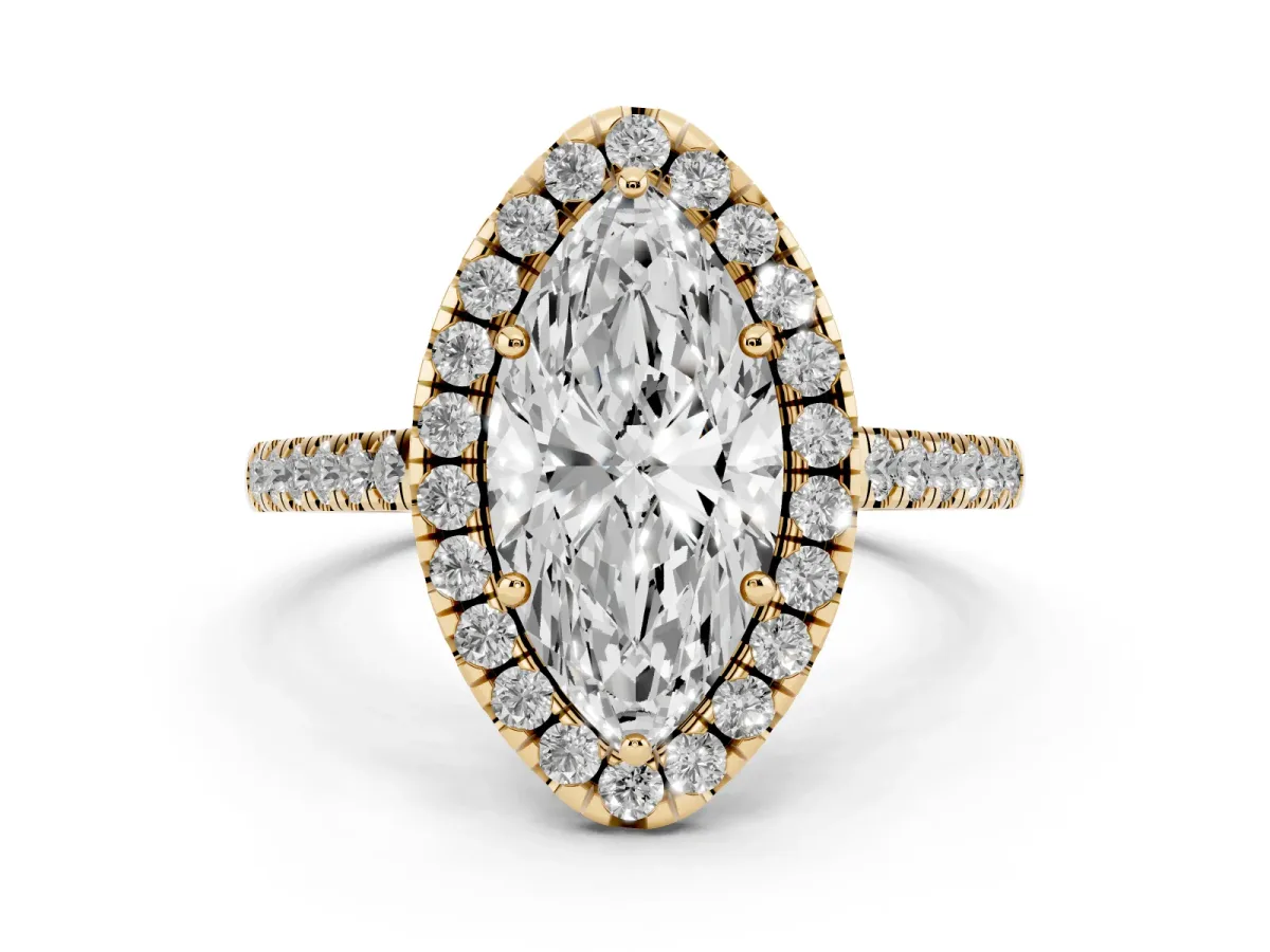 Marquise Cut Diamond Pavé Halo Engagement Ring Set in Yellow gold with Pavé Band and Prong Setting
