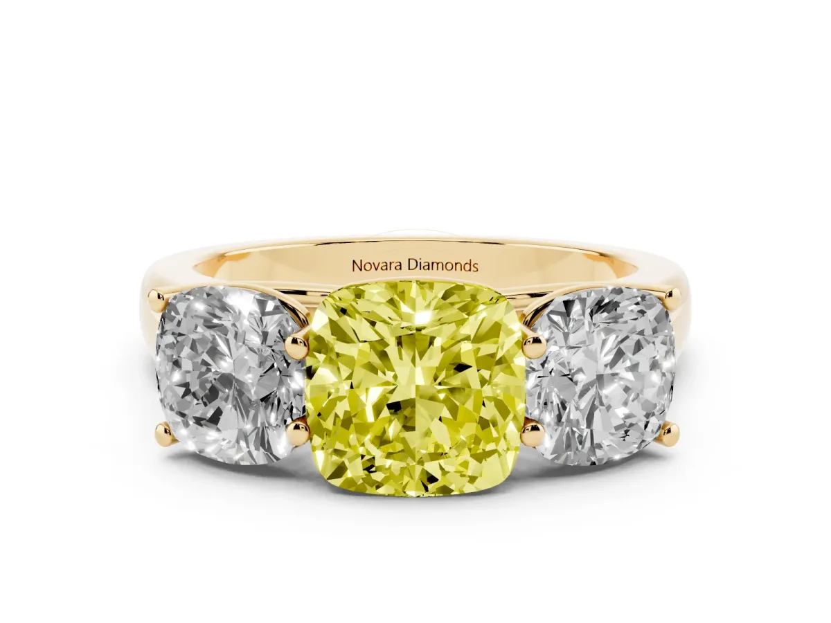 Fancy Yellow Cushion Cut Diamond Three-Stone Ring Set in Yellow gold with Plain Polished Band