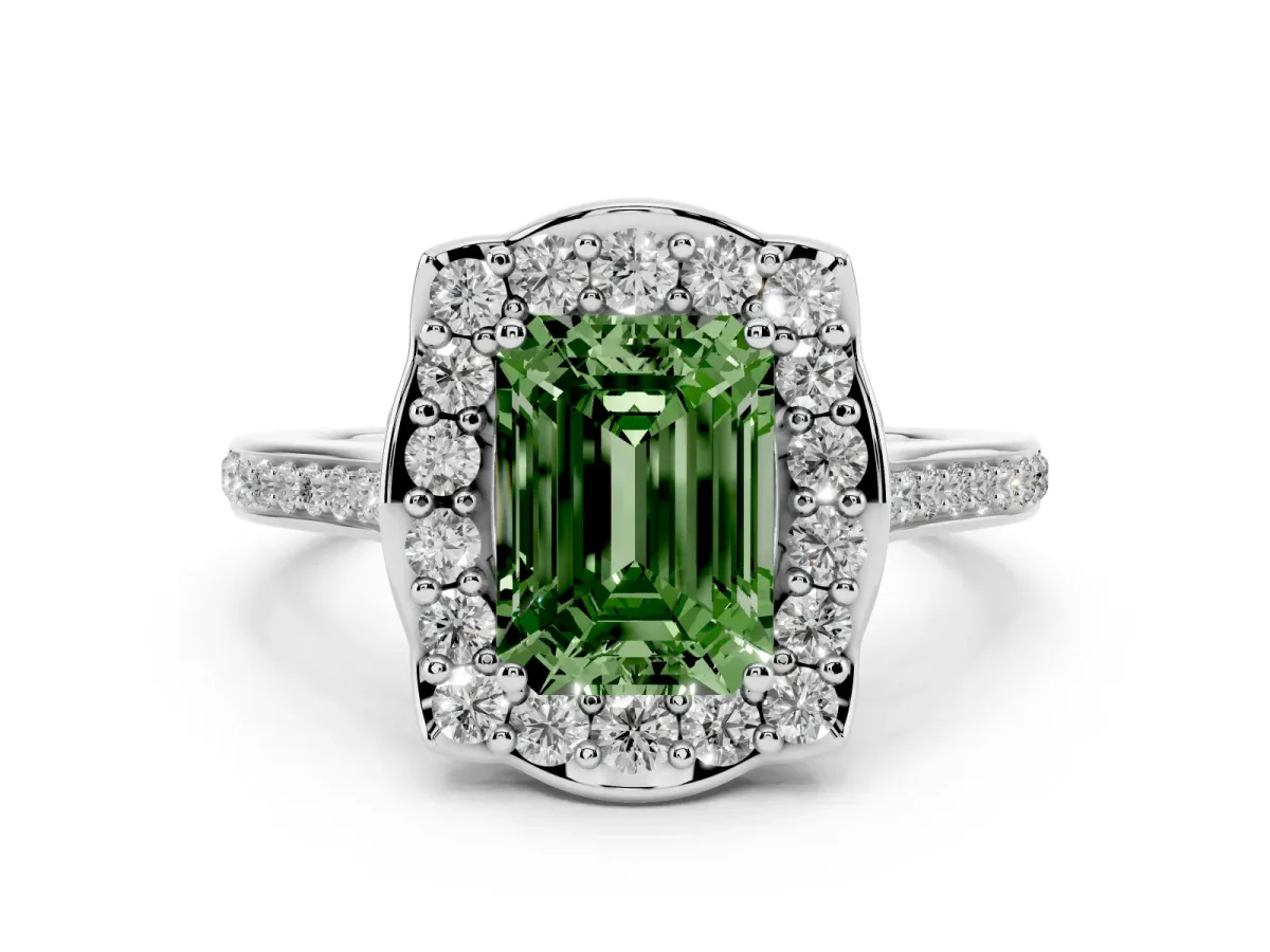 Fancy Green Emerald Cut Diamond Halo Ring Set in White gold with Pavé-Lined Shoulders and Prong Setting