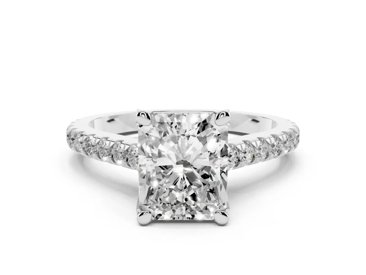 Radiant Cut Diamond Solitaire Ring Set in White gold with Brilliant Pavé Band and Prong Setting