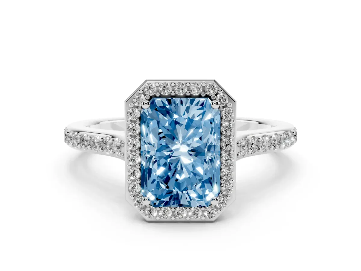 Fancy Blue Radiant Cut Diamond Halo Engagement Ring Set in White gold with Round Pavé Shoulders and Heart Gallery
