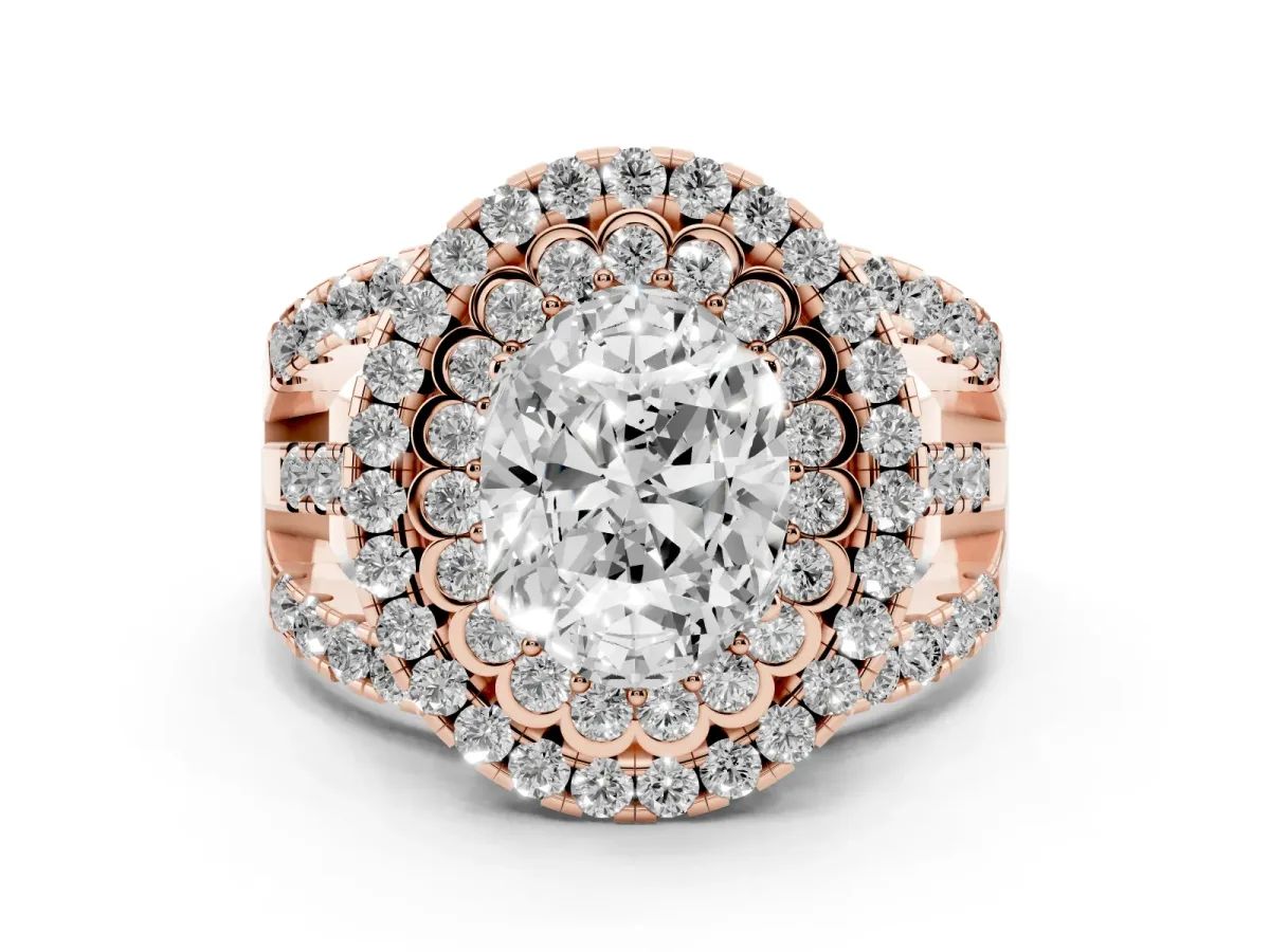 Oval Cut Diamond Double Halo Ring Set in Rose gold with Round Pavé Split Shank