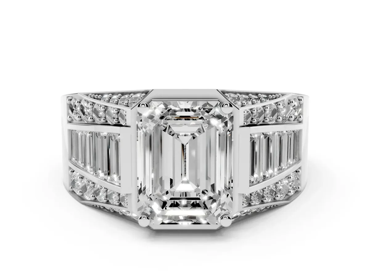 Emerald Cut Diamond Mens Ring Set in Silver with Baguette and Round Side Stones