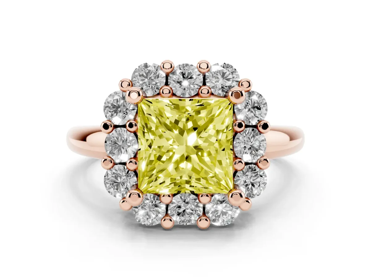 Fancy Yellow Princess Cut Diamond Halo Cluster Engagement Ring Set in Rose gold with Polished Band and Prong Setting