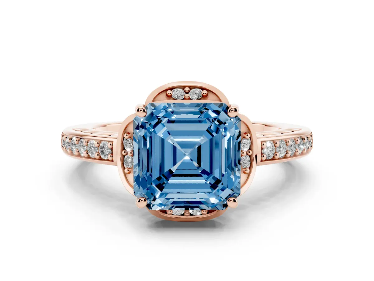Fancy Blue Asscher Cut Diamond Halo Ring Set in Rose gold with Channel Set Band and Prong Setting