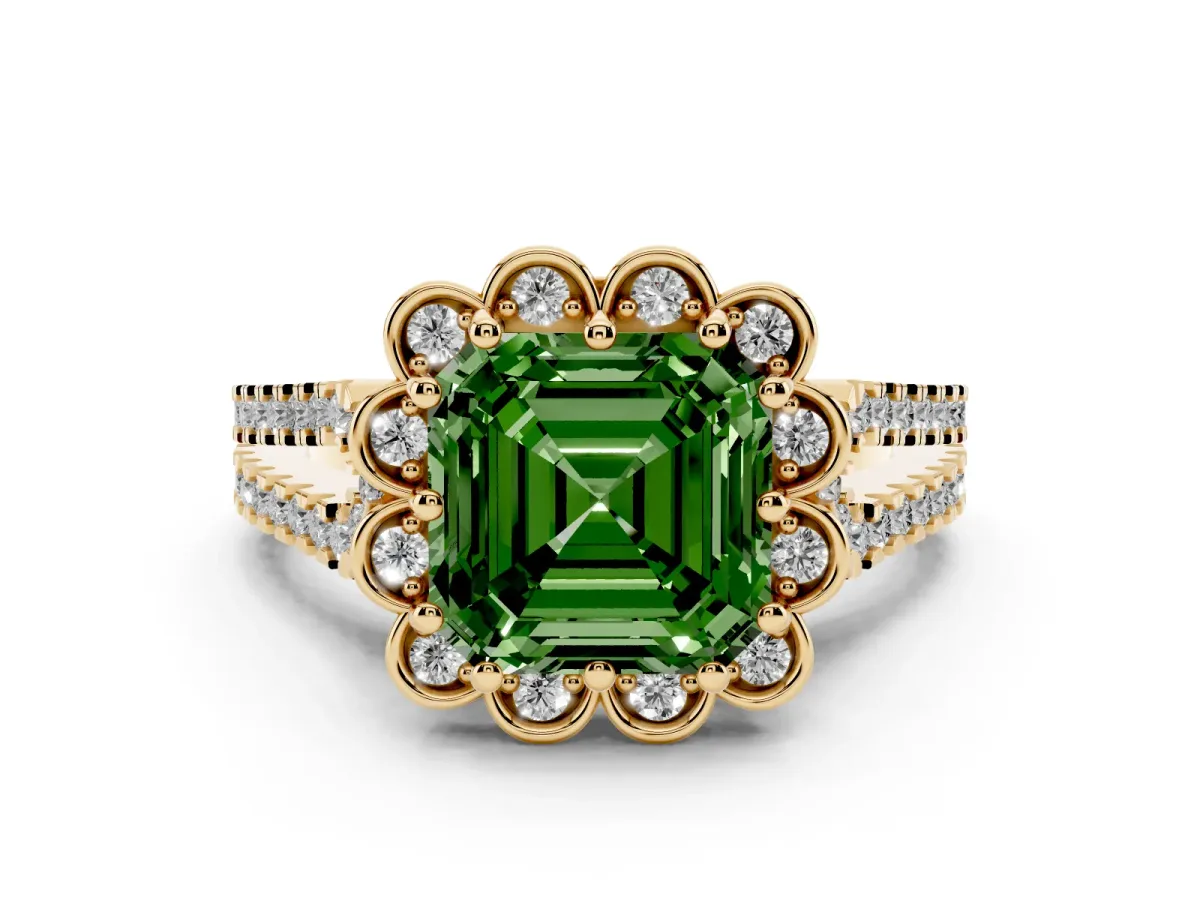 Fancy Green Asscher Cut Diamond Floral Halo Split Shank Engagement Ring Set in Yellow gold with Pavé Shank