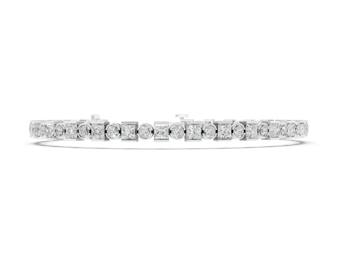 Round and Princess Cut Diamond Tennis Bracelet Set in Silver with Alternating Bezel and Prong Settings