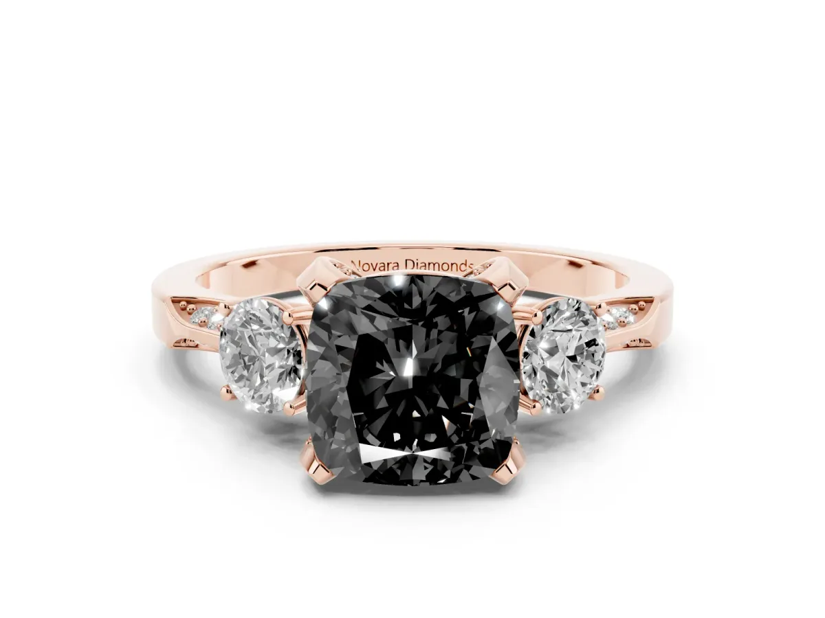 Fancy Black Cushion Cut Diamond Three-Stone Ring Set in Rose gold with Pavé Band and Smaller Side Stones
