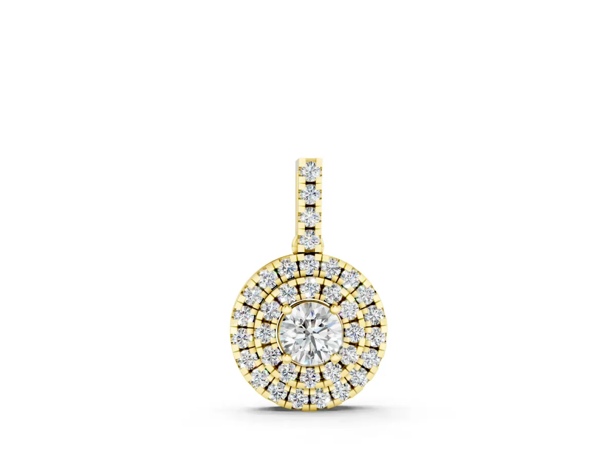 Round Double Halo Diamond Pendant Set in Yellow gold with Prong Setting