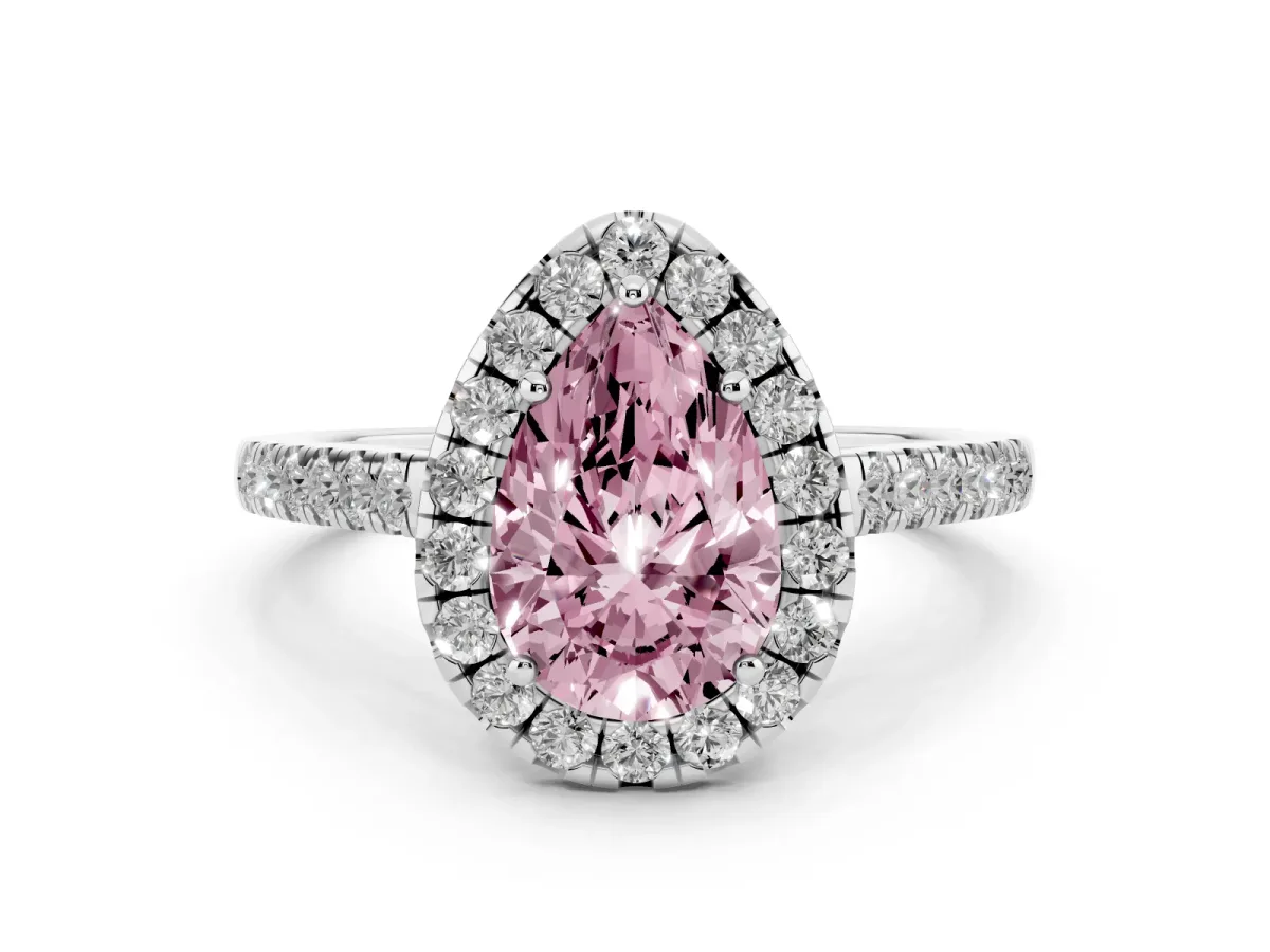Fancy Pink Pear Cut Diamond Halo Pavé Engagement Ring Set in White gold with Prong Setting