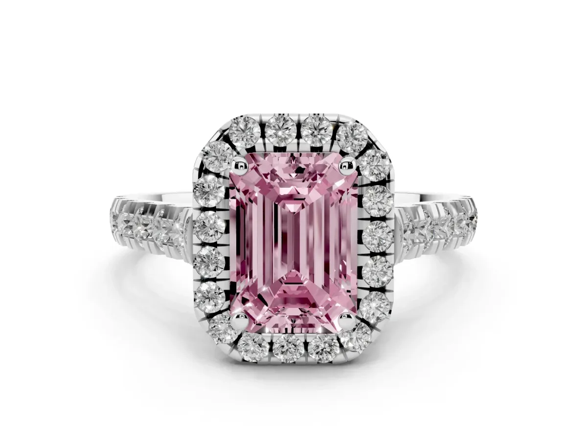 Fancy Pink Emerald Cut Diamond Halo Engagement Ring Set in Silver with Pavé Band and Prong-Set Center