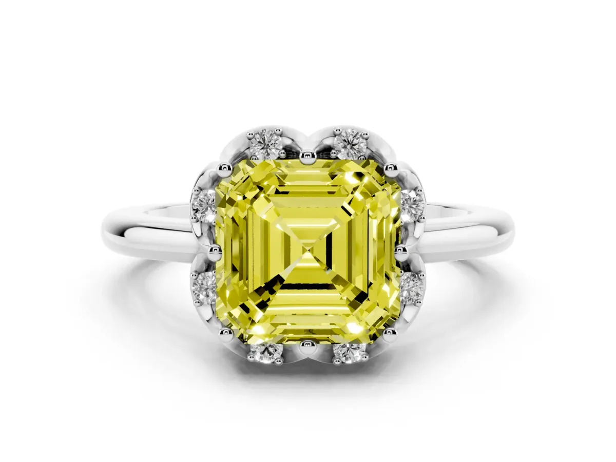 Fancy Yellow Asscher Cut Diamond Round Cluster Halo Ring Set in Silver with Solitaire Band and Prong Setting