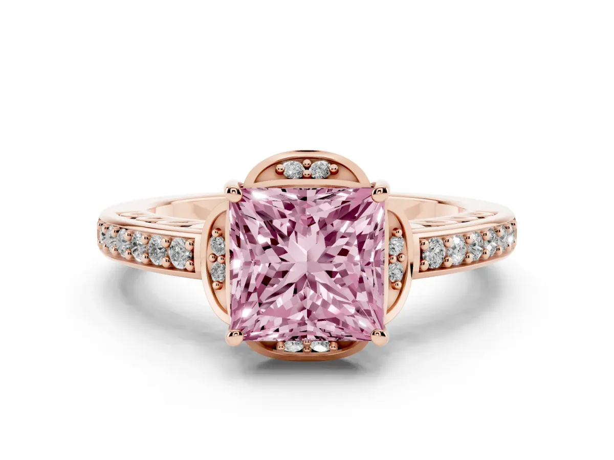 Fancy Pink Princess Cut Diamond Halo Ring Set in Rose gold with Channel Set Band and Prong Setting