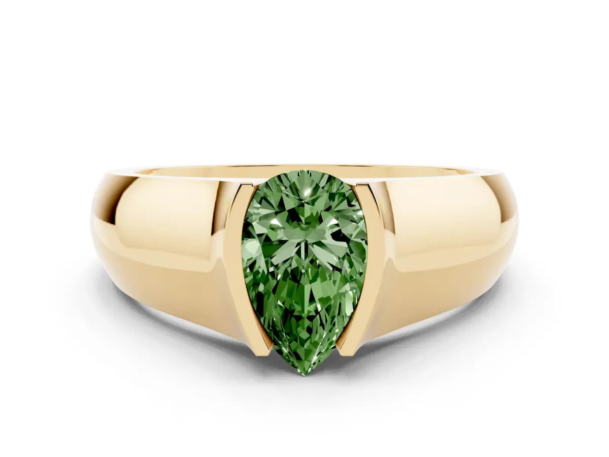 Fancy Green Pear Cut Diamond Bezel Solitaire Ring Set in Yellow gold with Wide Band
