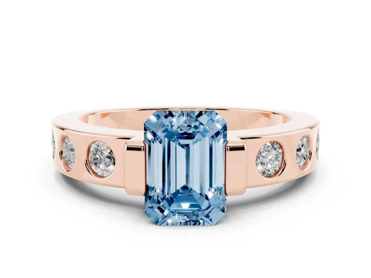 Fancy Blue Emerald Cut Diamond Channel-Set Band Ring Set in Rose gold with Bezel Prong Setting