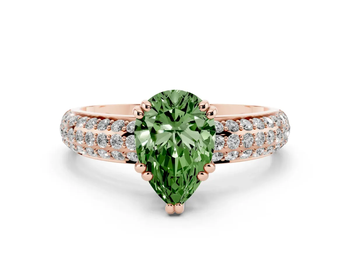 Fancy Green Pear Cut Diamond Solitaire Ring Set in Rose gold with Multi-Row Round Pavé Band and Prong Setting