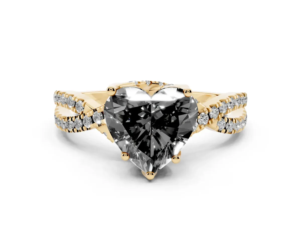 Fancy Black Heart Cut Diamond Twist Pavé Solitaire Engagement Ring Set in Yellow gold with Prong Setting