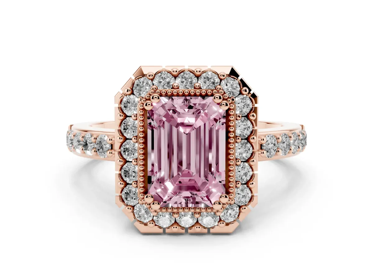 Fancy Pink Emerald Cut Diamond Halo Ring Set in Rose gold with Pavé Shank and Prong Setting