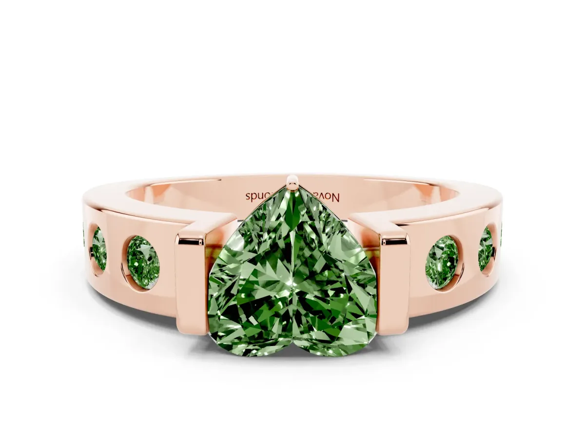 Fancy Green Heart Cut Diamond Channel-Set Band Ring Set in Rose gold with Bezel Prong Setting