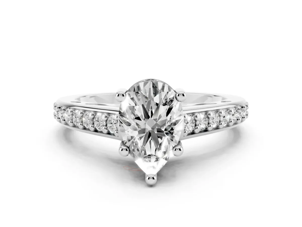 Pear Cut Diamond Prong Set Solitaire Engagement Ring Set in Platinum with Pavé Band