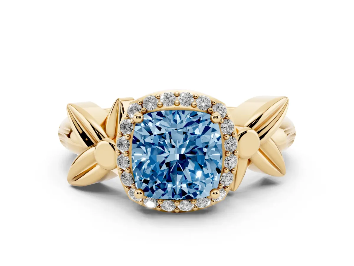 Fancy Blue Cushion Cut Diamond Halo Floral Band Ring Set in Yellow gold with Prong Setting