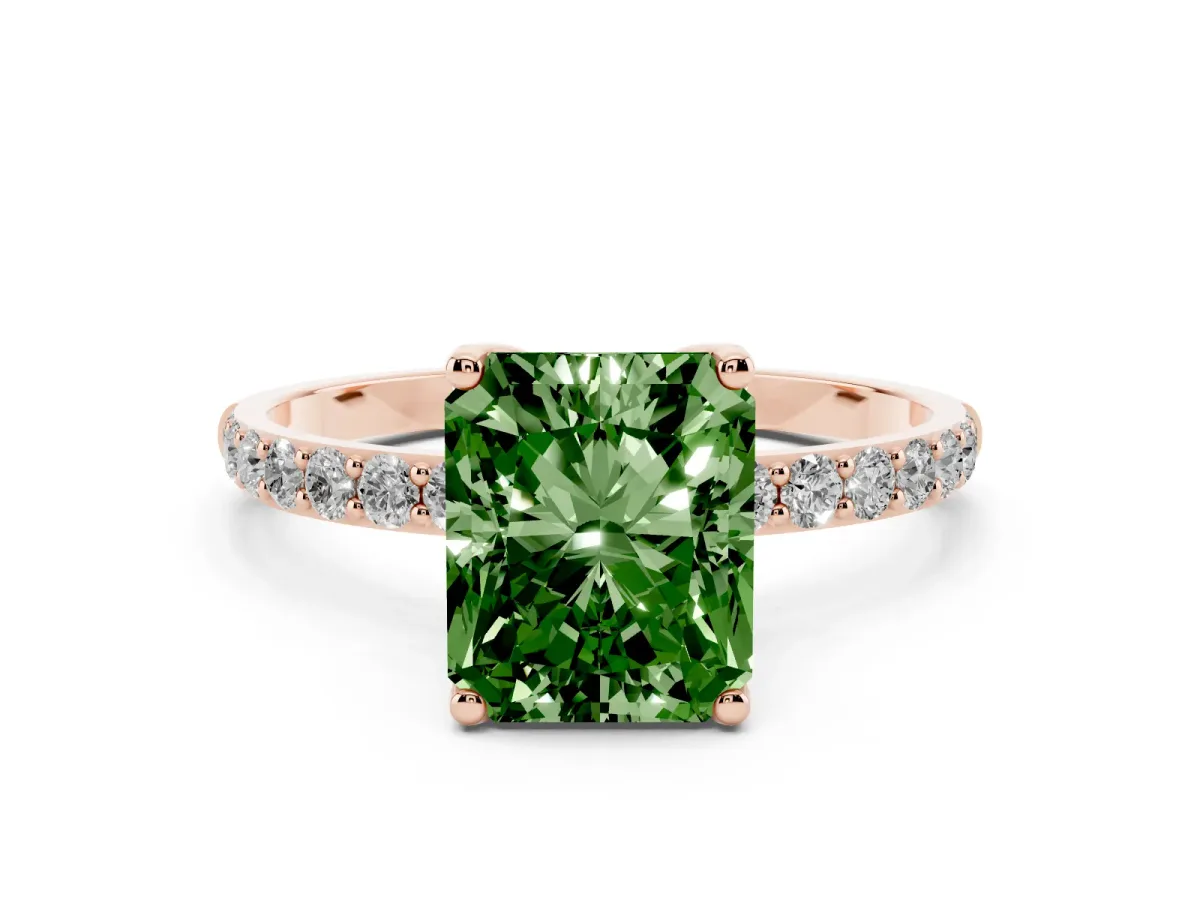 Fancy Green Radiant Cut Diamond Solitaire Engagement Ring Set in Rose gold with Round Pavé Band and Prong Setting