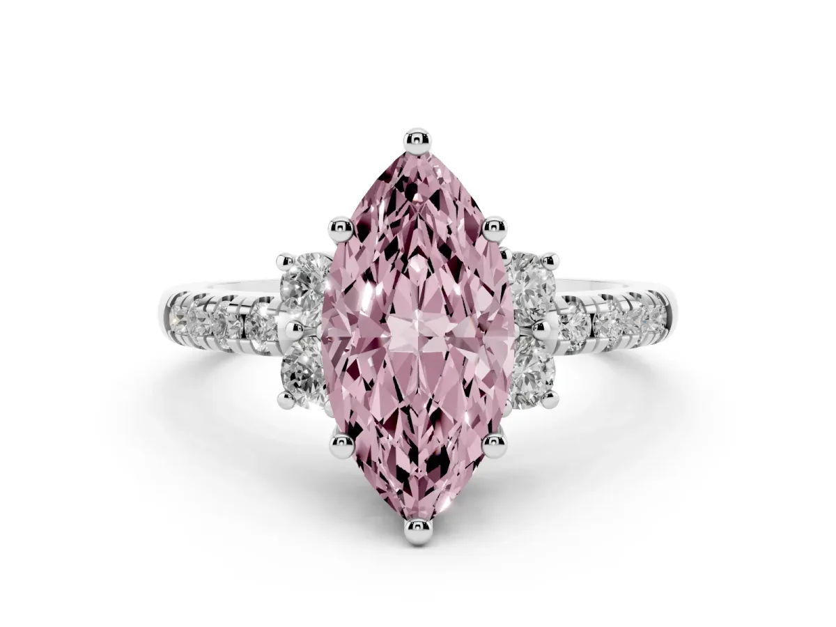 Fancy Pink Marquise Cut Diamond Three-Stone Pavé Ring Set in White gold with Prong Setting