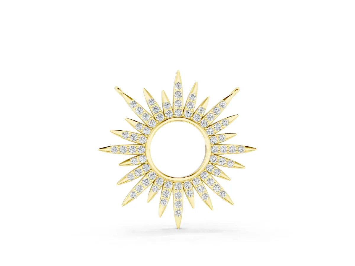 Round Cut Diamond Sunburst Pendant Set in Yellow gold with Pavé Setting